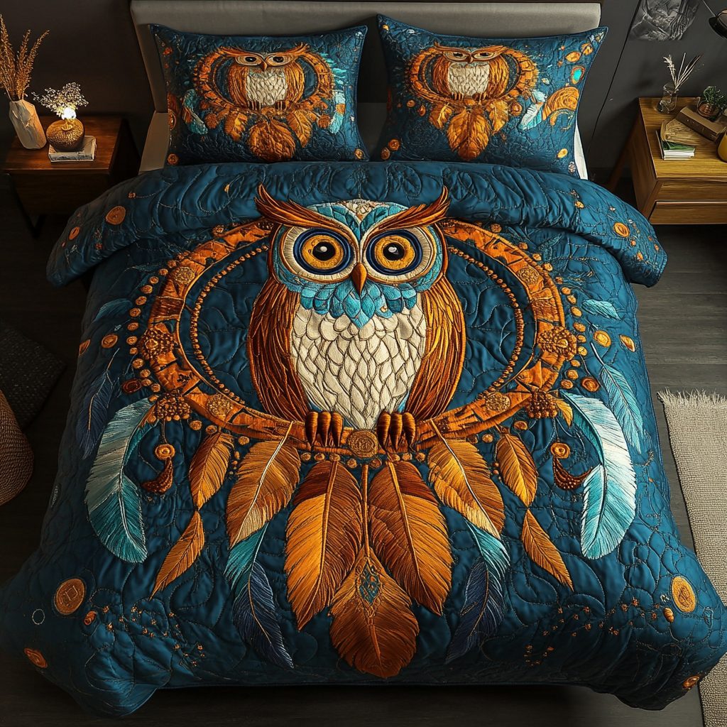 Feathered Spirit quilted 3-piece bedding set on a made bed with two matching pillow shams