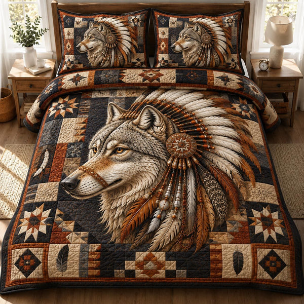 Feathered Wolf Spirit quilted 3-piece bedding set on a made bed with two matching pillow shams