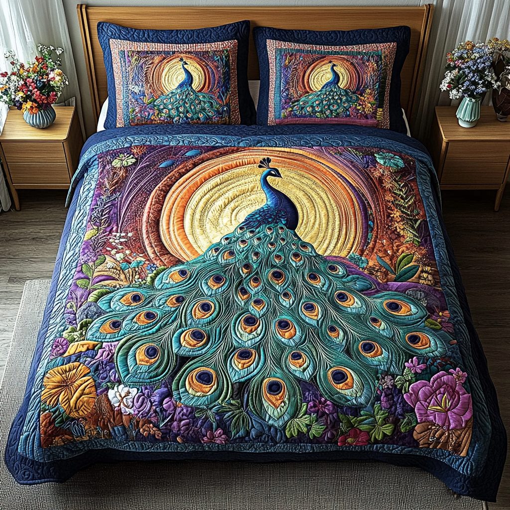 Feathers of Elegance quilted 3-piece bedding set on a made bed with two matching pillow shams