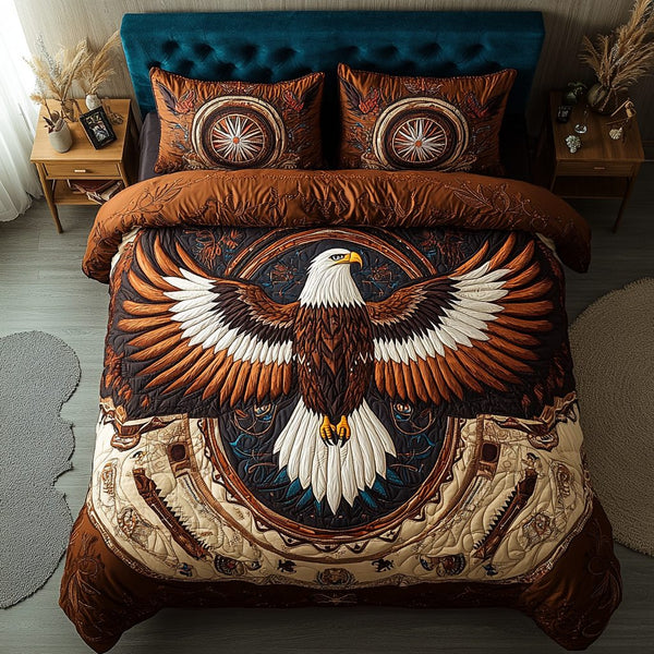 Feathers of Freedom quilted 3-piece bedding set on a made bed in a warmly lit bedroom