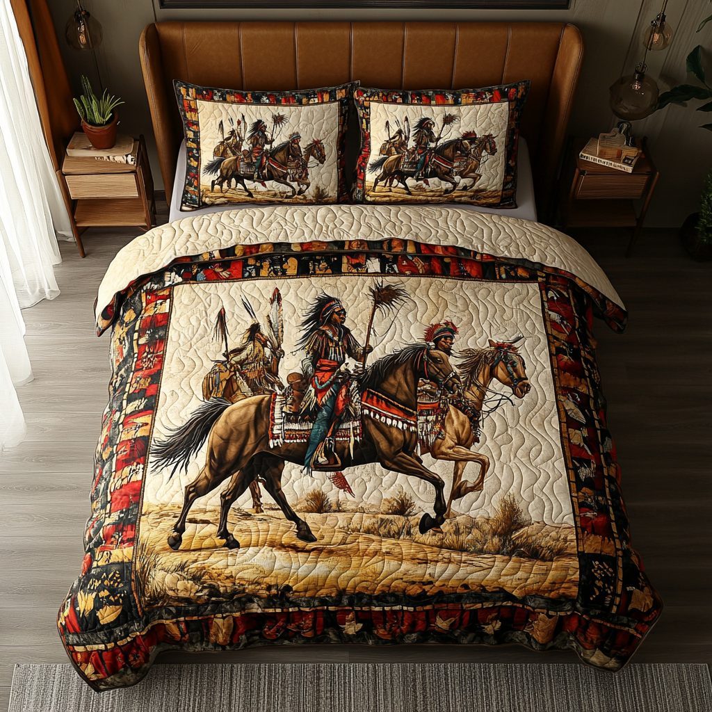 Feathers of the Ancients quilted 3-piece bedding set on a made bed with two matching pillow shams