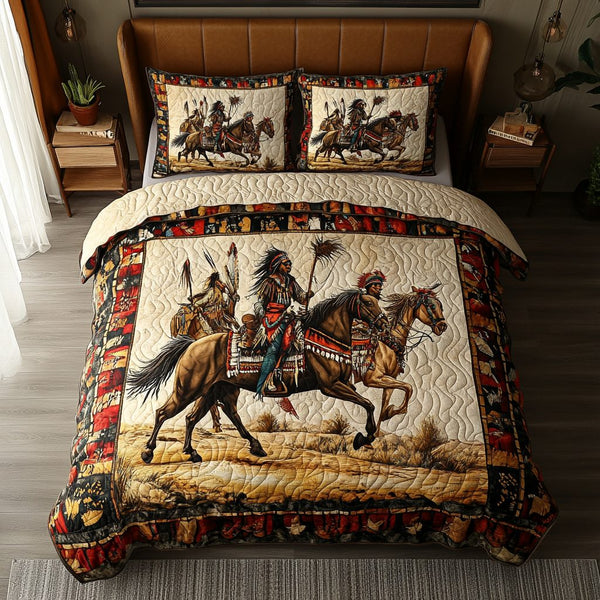 Feathers of the Ancients quilted 3-piece bedding set on a made bed with two matching pillow shams