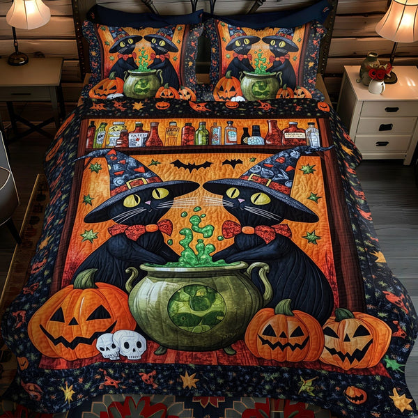 Feline Alchemy quilted 3-piece bedding set on a made bed with two matching pillow shams