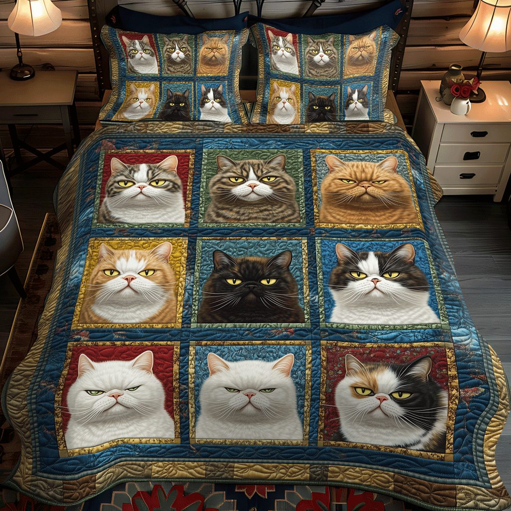 Feline and Fiction quilted 3-piece bedding set on a made bed with two matching pillow shams