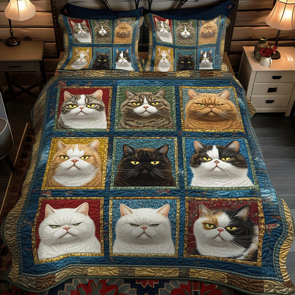 Feline and Fiction quilted 3-piece bedding set on a made bed with two matching pillow shams