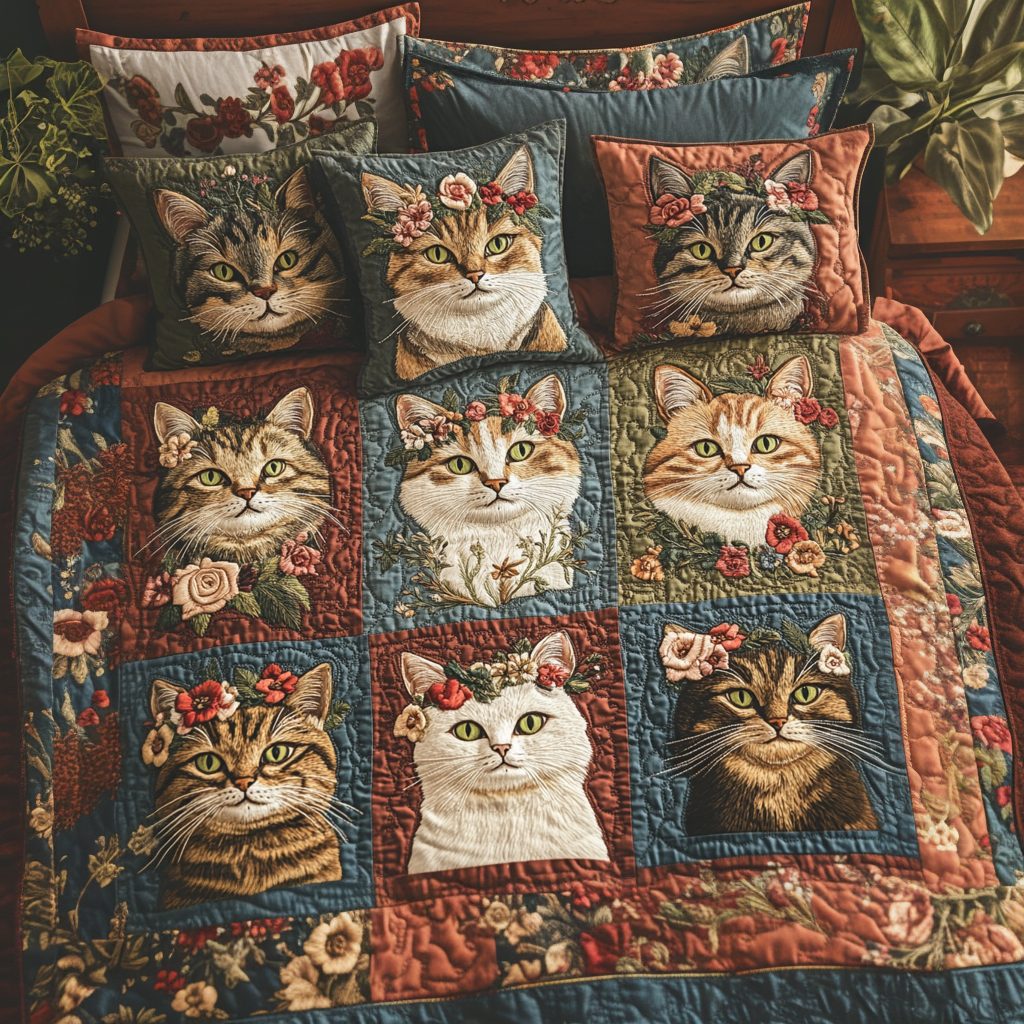 Feline Charm quilted 3-piece bedding set on a made bed with two matching pillow shams