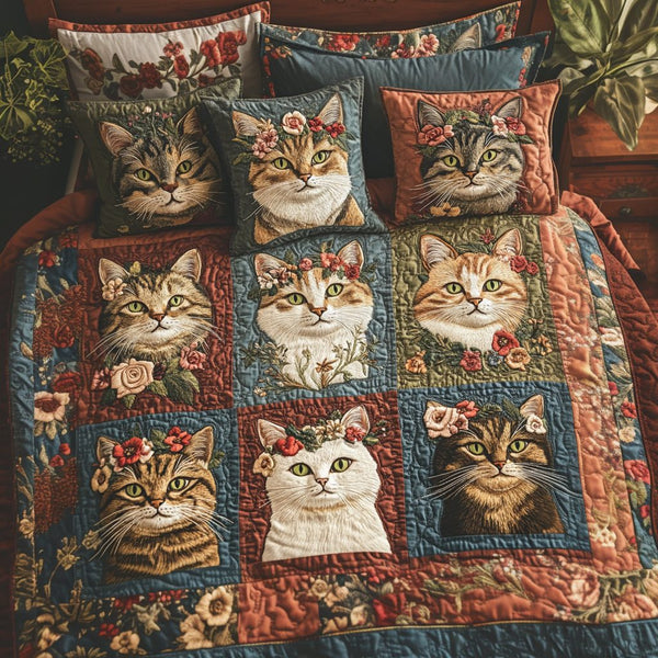 Feline Charm quilted 3-piece bedding set on a made bed with two matching pillow shams