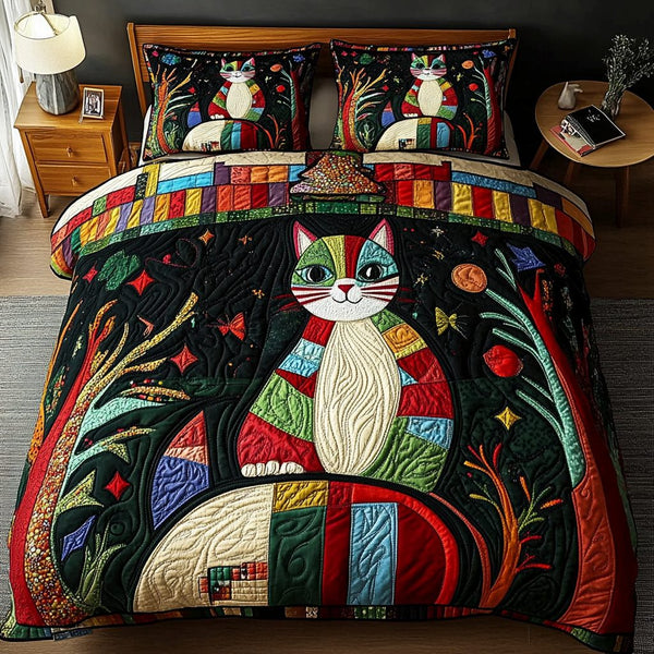 Feline Dreams quilted 3-piece bedding set on a made bed with two matching pillow shams