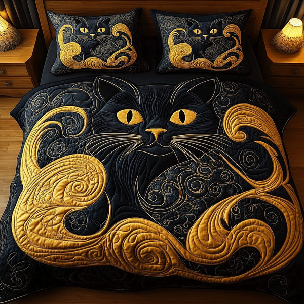 Feline Elegance quilted 3-piece bedding set on a made bed with two matching pillow shams