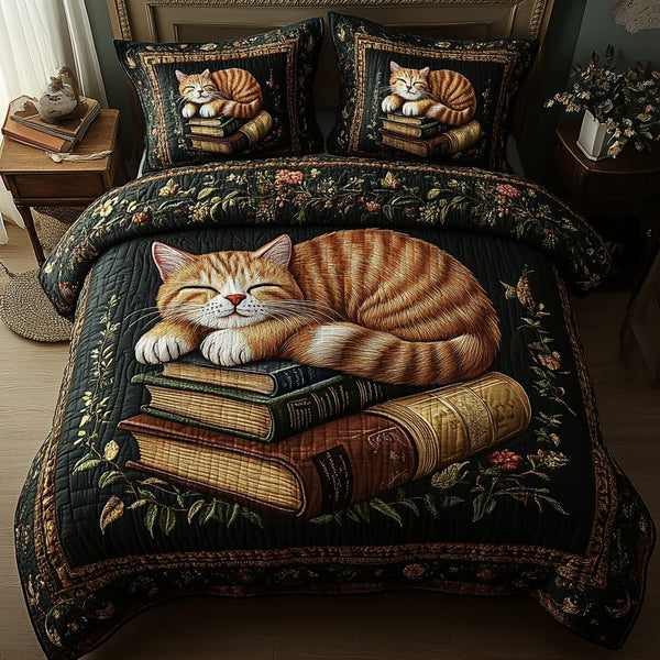 Feline Fantasy quilted 3-piece bedding set on a made bed with two matching pillow shams