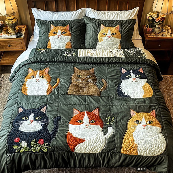 Feline Fantasy quilted 3-piece bedding set on a made bed with two matching pillow shams