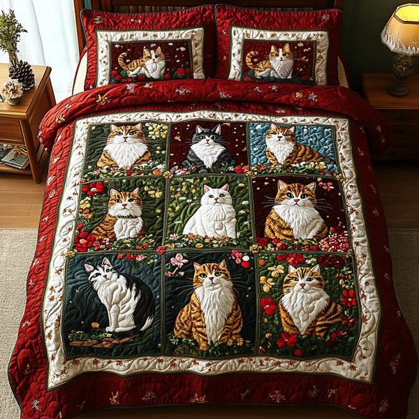 Feline Fantasy quilted 3-piece bedding set on a made bed with two matching pillow shams