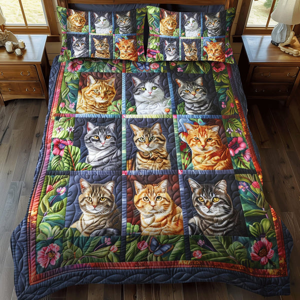 Feline Fantasy quilted 3-piece bedding set on a made bed with two matching pillow shams