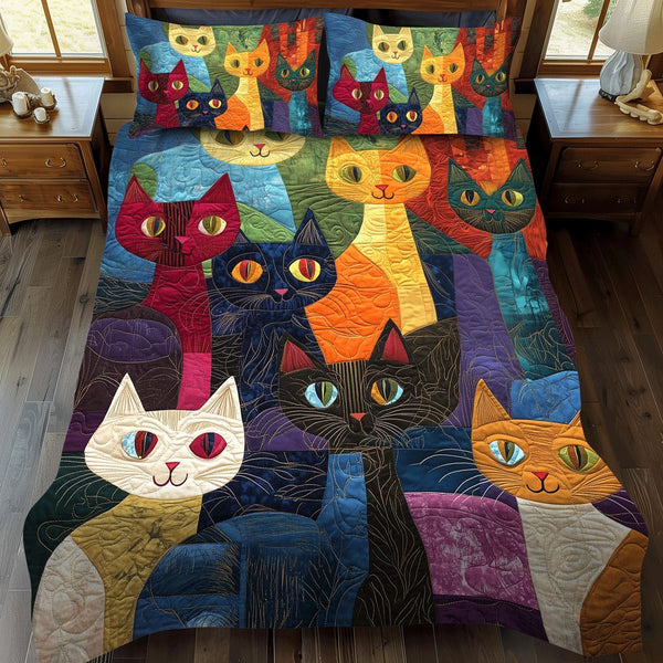Feline Fantasy quilted 3-piece bedding set on a made bed with two matching pillow shams