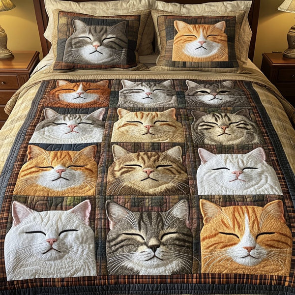 Feline Fantasy quilted 3-piece bedding set on a made bed with two matching pillow shams