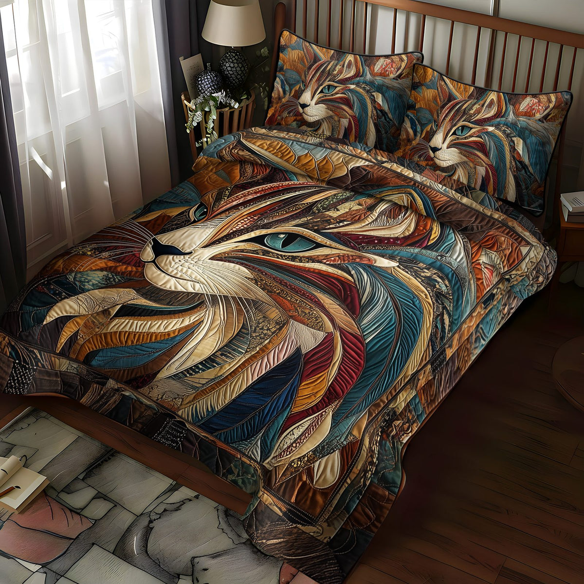 Feline Fiesta quilted 3-piece bedding set on a made bed with two matching pillow shams