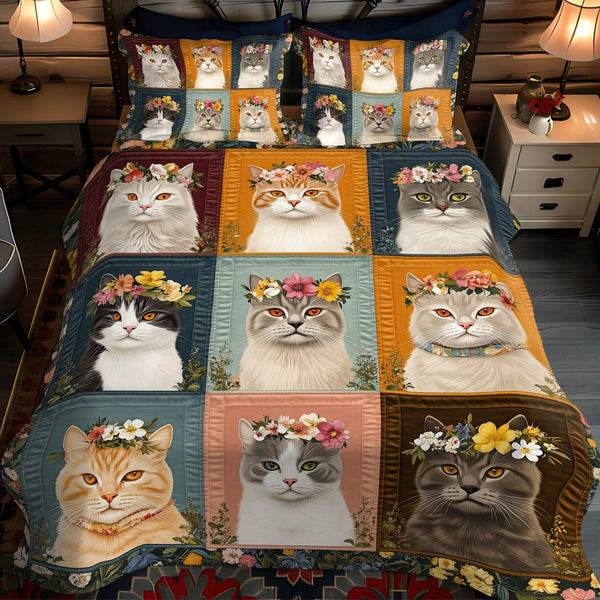 Feline Flower quilted 3-piece bedding set on a made bed with two matching pillow shams