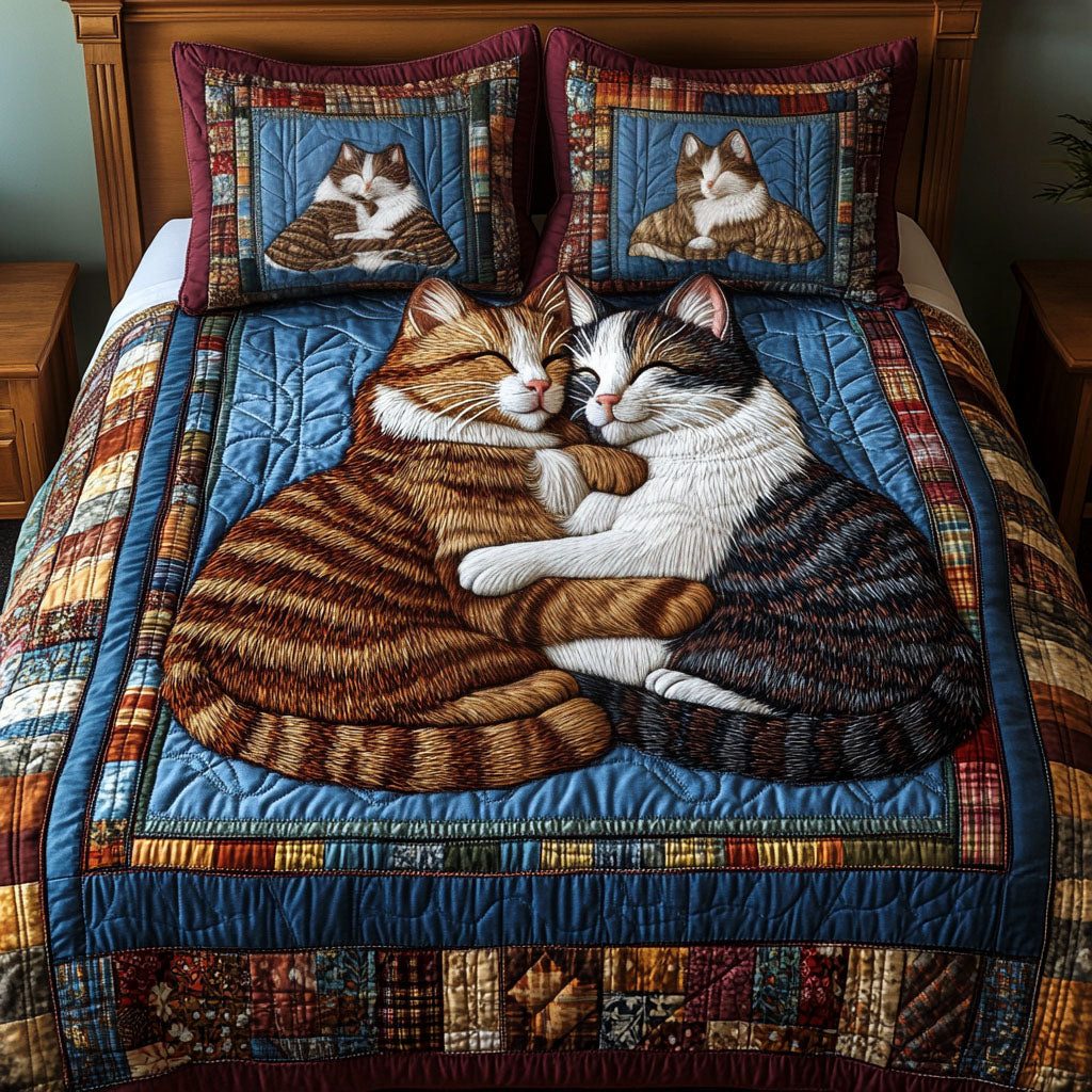 Feline Forever quilted 3-piece bedding set on a made bed with two matching pillow shams