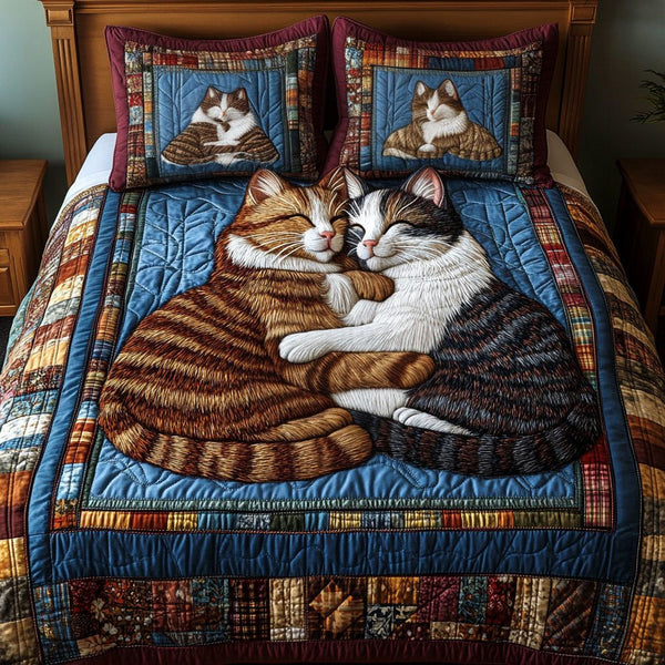 Feline Forever quilted 3-piece bedding set on a made bed with two matching pillow shams