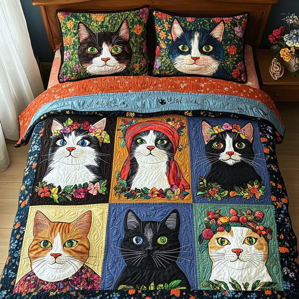Feline Frolic quilted 3-piece bedding set on a made bed with two matching pillow shams