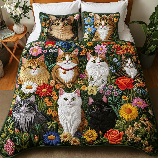 Feline Frolic quilted 3-piece bedding set on a made bed with two matching pillow shams