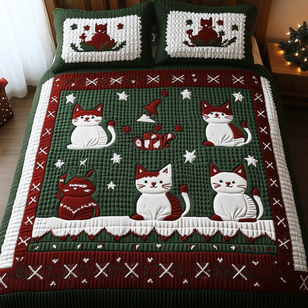 Feline Frost Fest quilted 3-piece bedding set on a made bed in a winter-styled bedroom