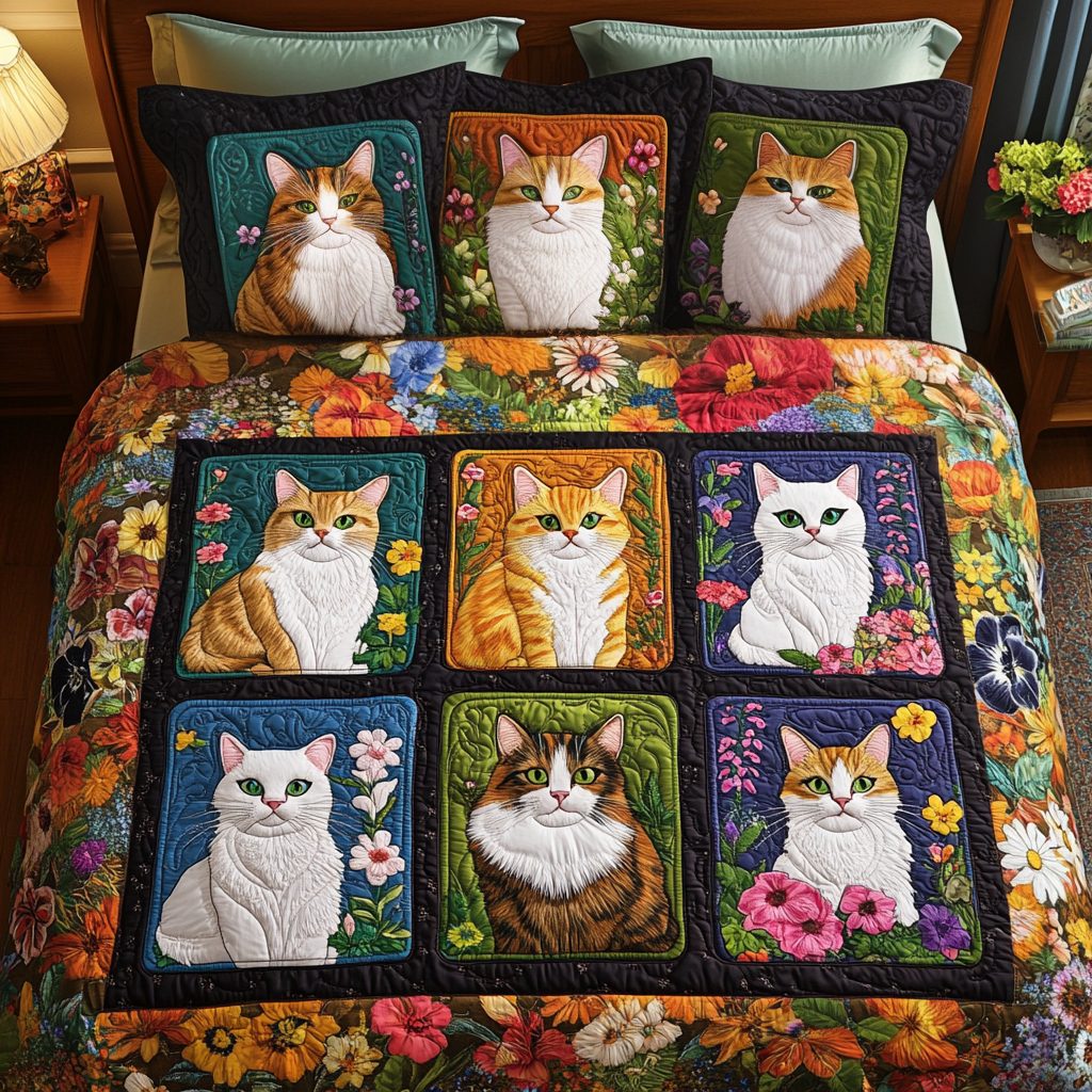 Feline Garden quilted 3-piece bedding set on a made bed with two matching pillow shams