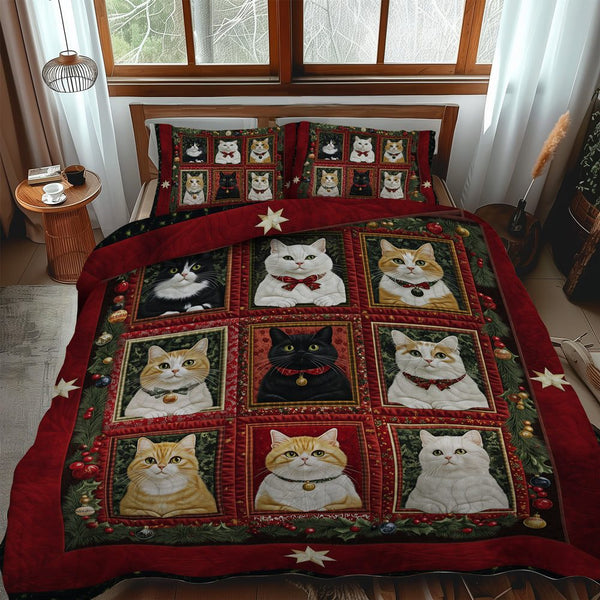 Feline Holiday Spirit quilted 3-piece bedding set on a made bed in a winter-styled bedroom