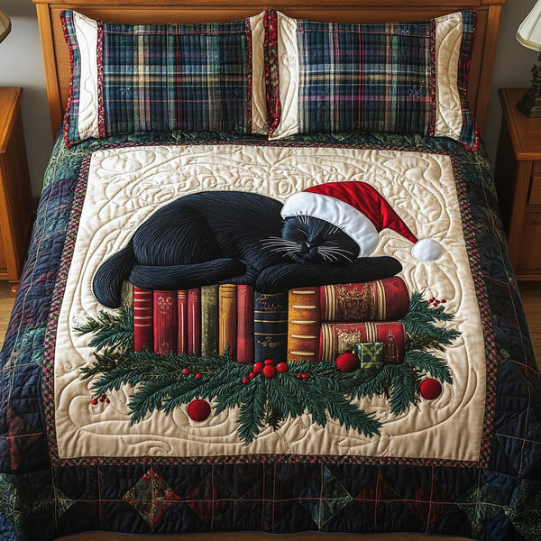 Feline Literary Dreams quilted 3-piece bedding set on a made bed with two matching pillow shams