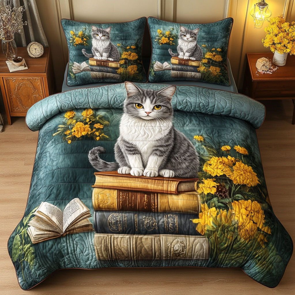 Feline Tales quilted 3-piece bedding set on a made bed with two matching pillow shams