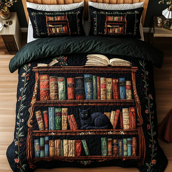 Feline Tales quilted 3-piece bedding set on a made bed with two matching pillow shams