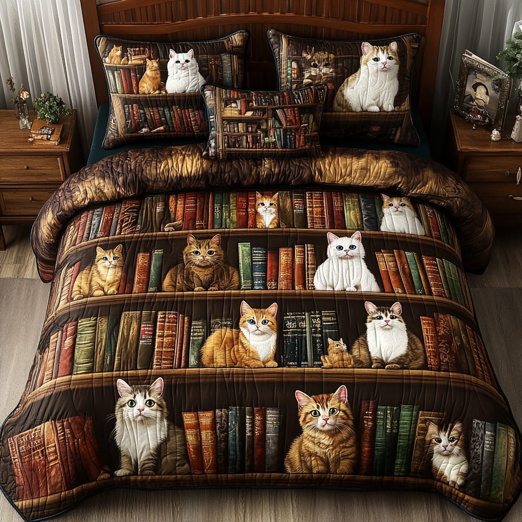 Feline Tales quilted 3-piece bedding set on a made bed with two matching pillow shams