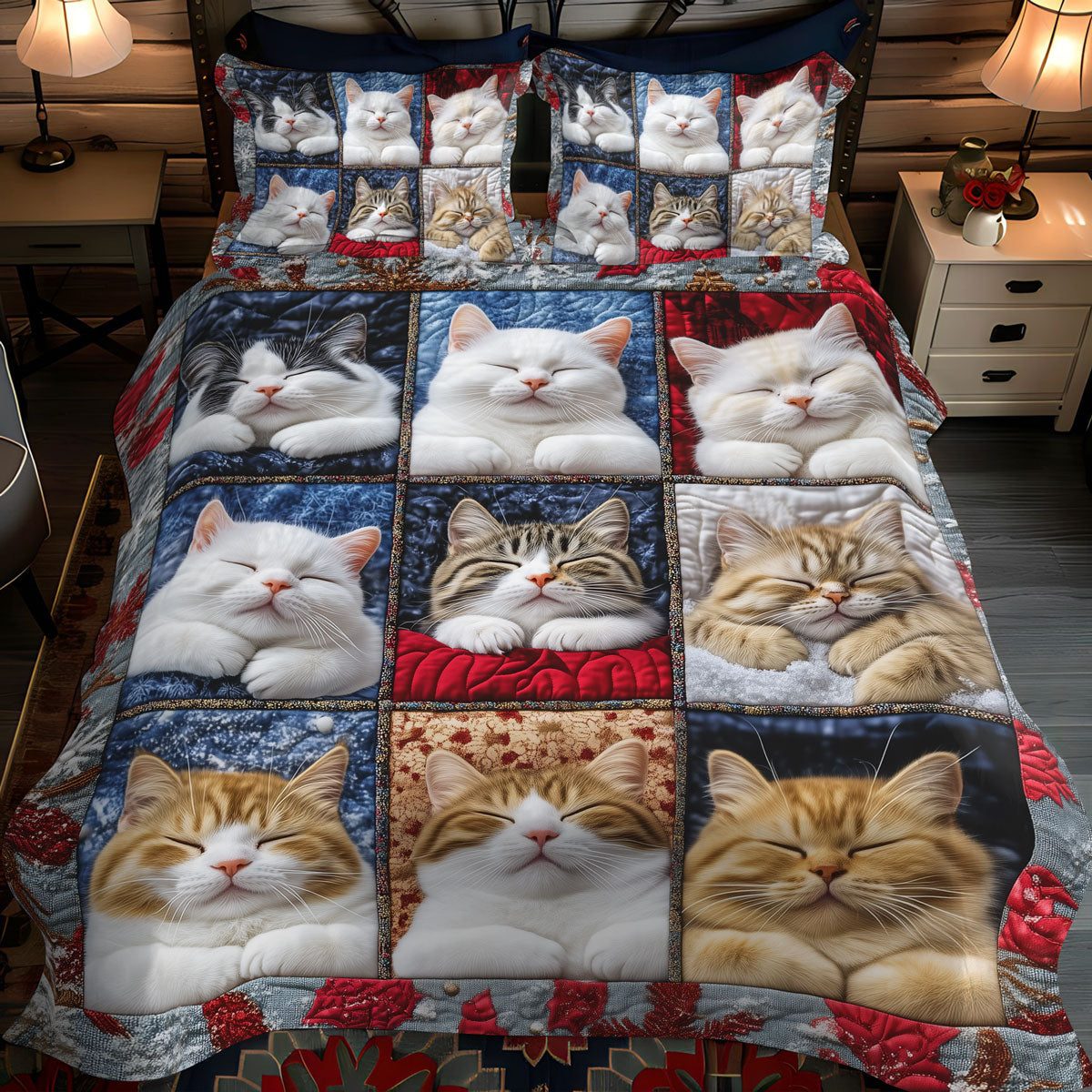 Feline Tranquility quilted 3-piece bedding set on a made bed with two matching pillow shams