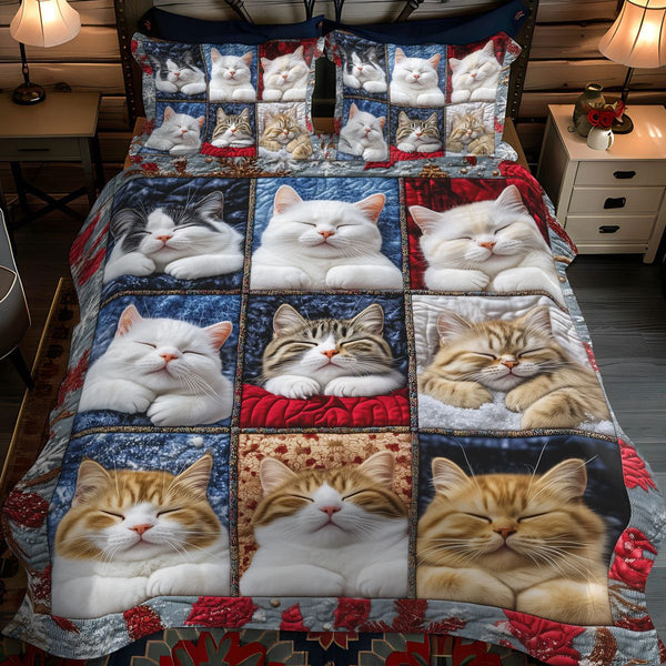 Feline Tranquility quilted 3-piece bedding set on a made bed with two matching pillow shams