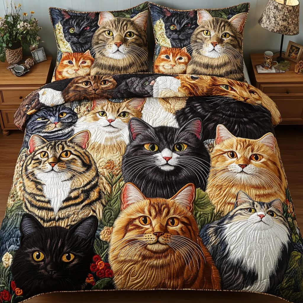 Feline Whisper quilted 3-piece bedding set on a made bed with two matching pillow shams