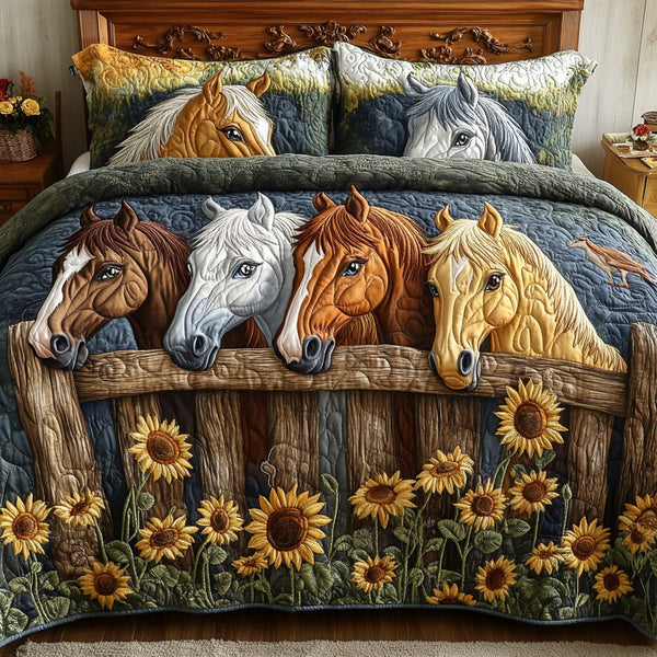 Fence Friends quilted 3-piece bedding set on a made bed with two matching pillow shams