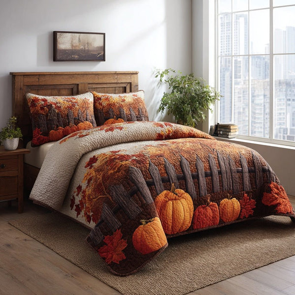 Fence Pumpkins quilted 3-piece bedding set on a made bed against a dark styled interior