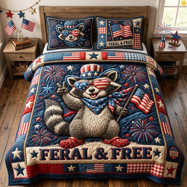 Feral And Free quilted 3-piece bedding set on a made bed with two matching pillow shams
