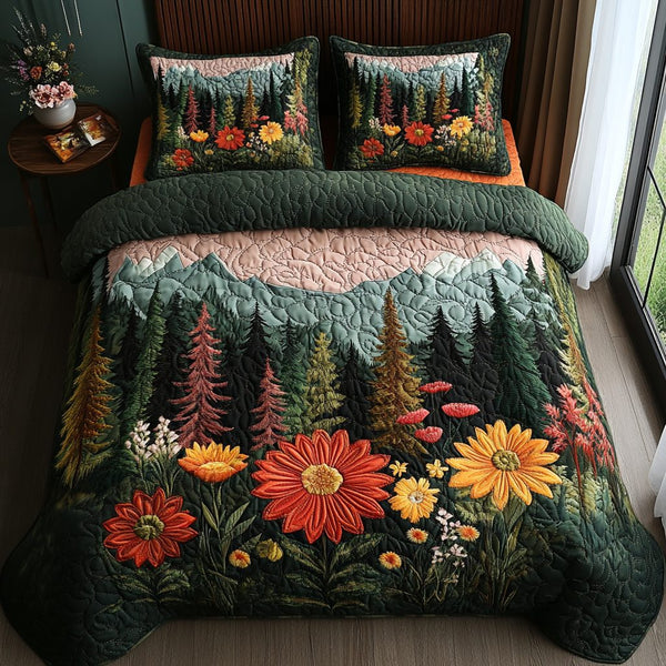 Fern Forest quilted 3-piece bedding set on a made bed with two matching pillow shams