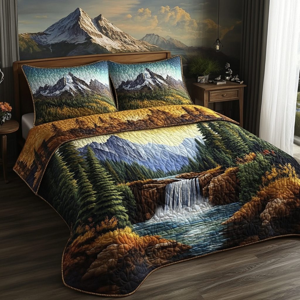Fern Shade quilted 3-piece bedding set on a made bed with two matching pillow shams