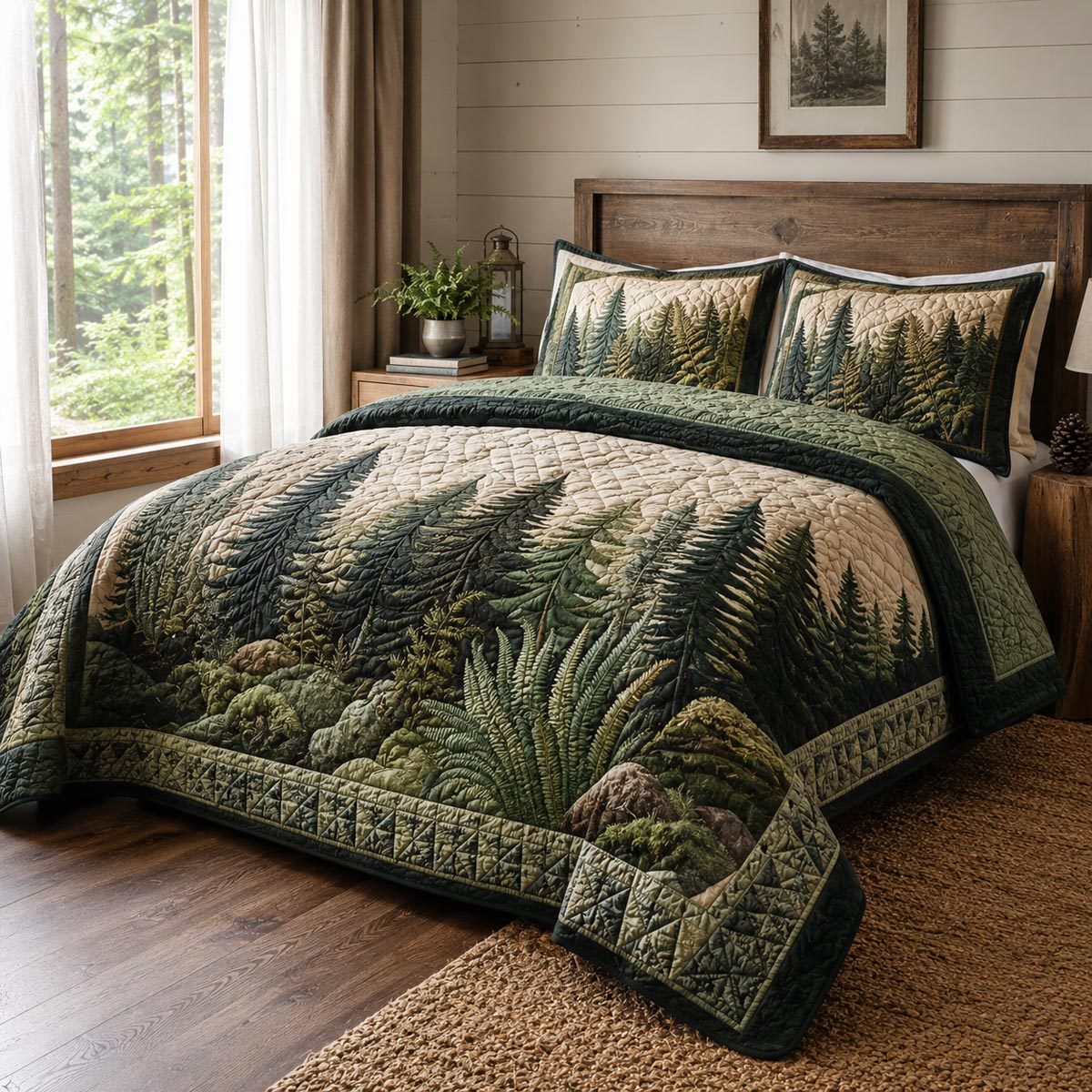 Fernwood Forest quilted 3-piece bedding set on a made bed with two matching pillow shams