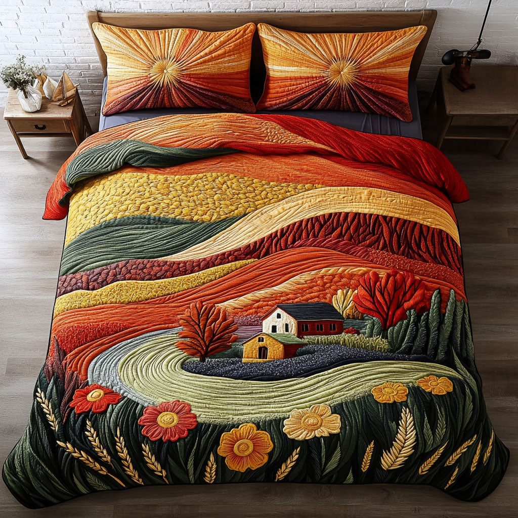 Fertile Plains quilted 3-piece bedding set on a made bed with two matching pillow shams