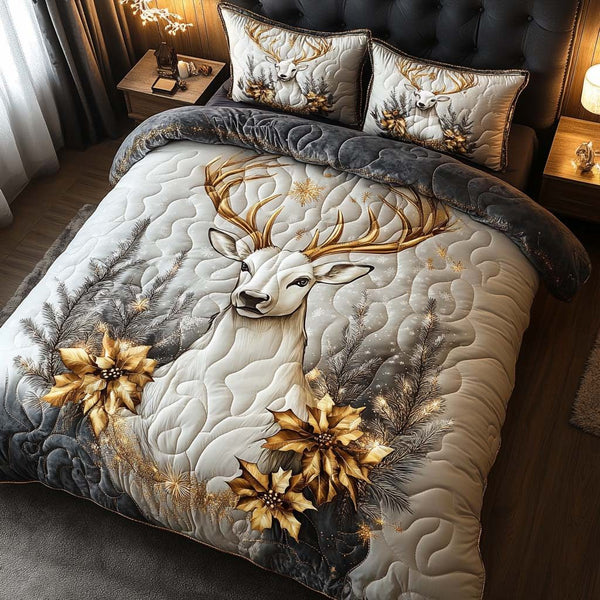 Festive Antler Majesty quilted 3-piece bedding set on a made bed in a winter-styled bedroom