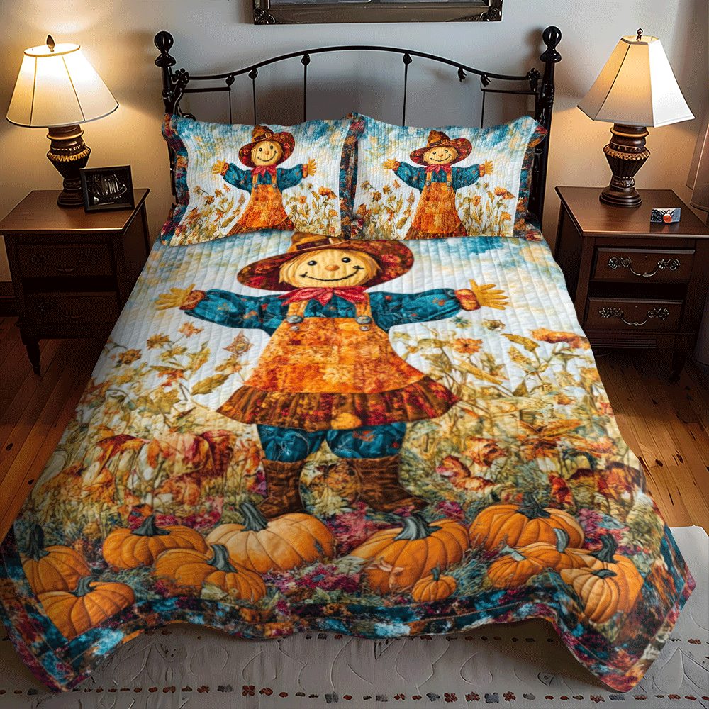 Festive Atmosphere Scarecrow quilted 3-piece bedding set on a made bed in a winter-styled bedroom