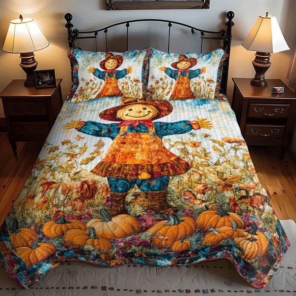 Festive Atmosphere Scarecrow quilted 3-piece bedding set on a made bed in a winter-styled bedroom