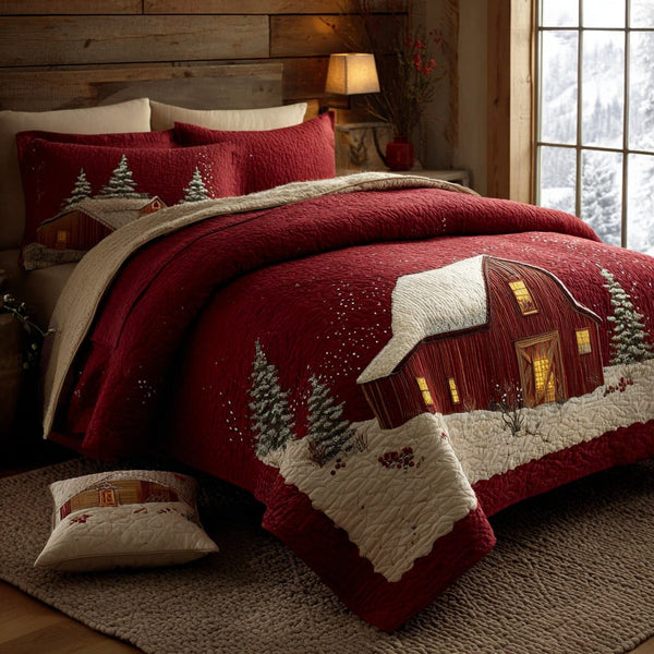 Festive Barn quilted 3-piece bedding set on a made bed in a winter-styled bedroom