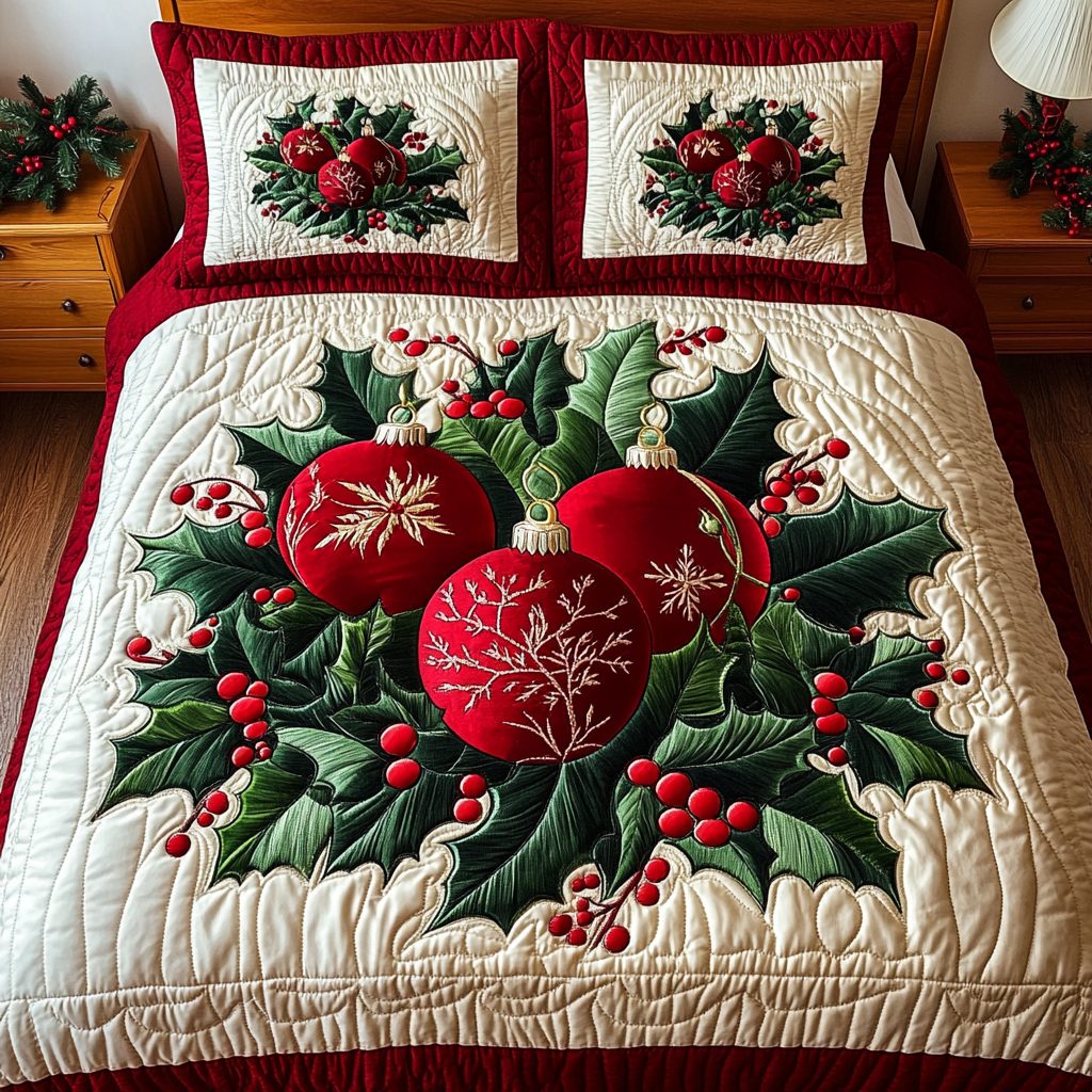 Festive Baubles quilted 3-piece bedding set on a made bed in a winter-styled bedroom
