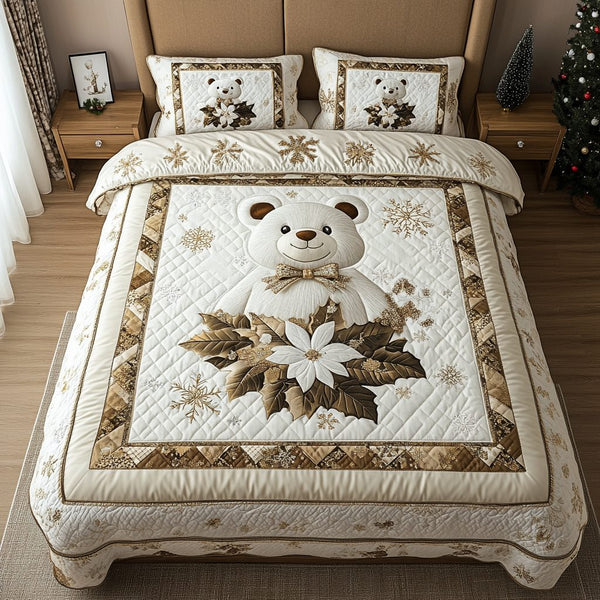 Festive Bear quilted 3-piece bedding set on a made bed in a winter-styled bedroom
