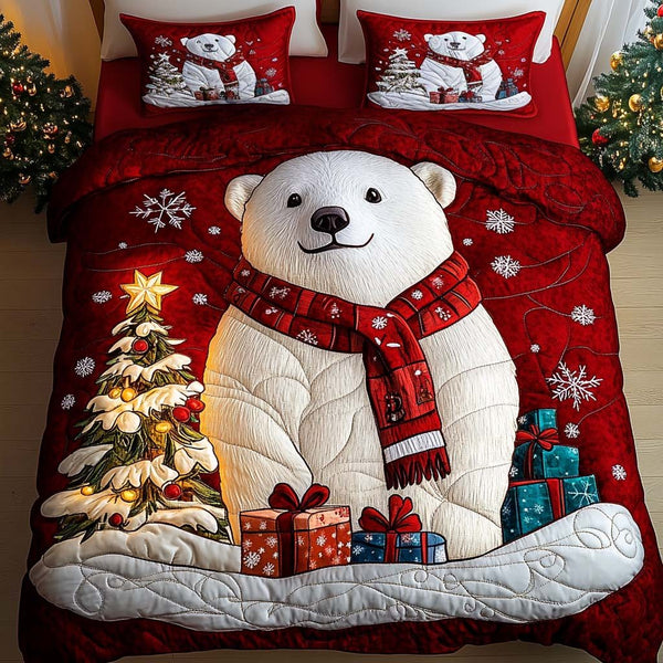 Festive Bears quilted 3-piece bedding set on a made bed in a winter-styled bedroom