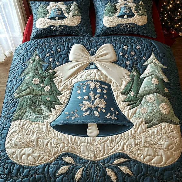 Festive Bells Cheer quilted 3-piece bedding set on a made bed in a winter-styled bedroom